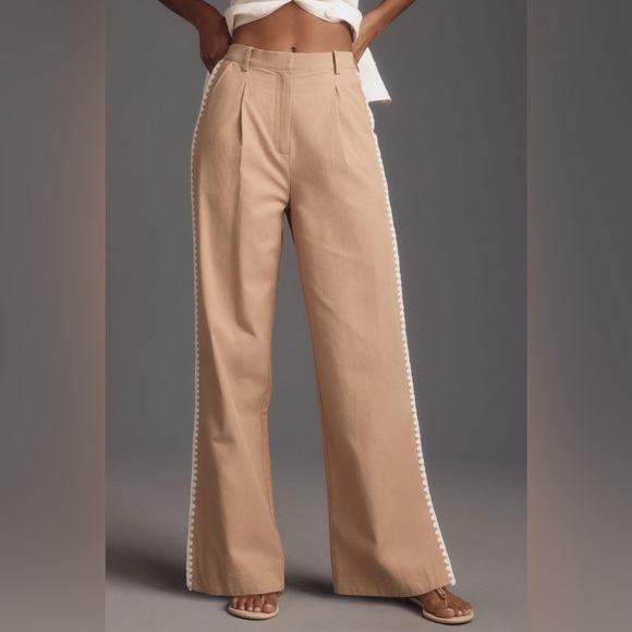 NWT Anthropologie‎ MON RENN LISLE Pant Embroidered Cotton Biscuit Women's MEDIUM